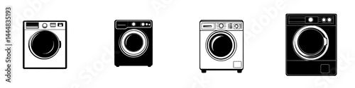 Silhouette pictogram set featuring various washing machines in a minimalistic design