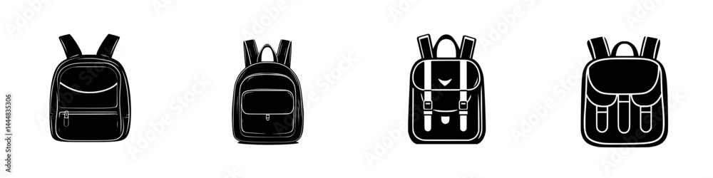 Obraz premium Collection of silhouette pictograms depicting various backpack designs for educational and travel use