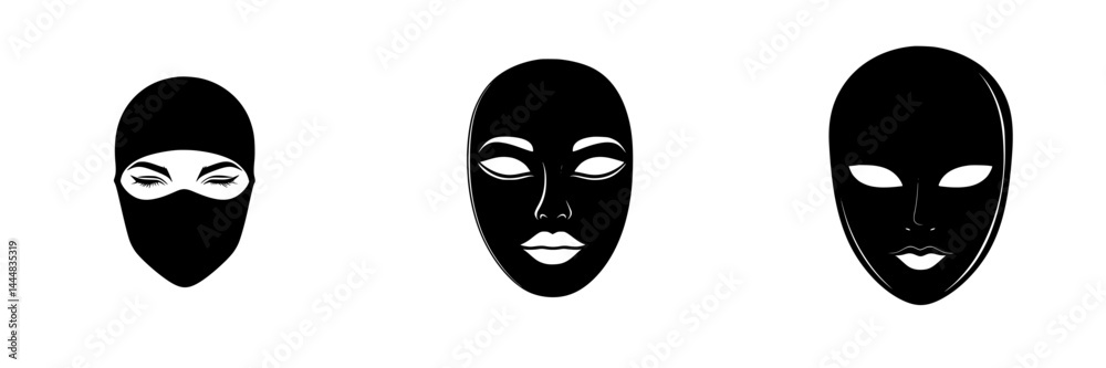 Silhouette pictogram icon set showcasing diverse masks and facial expressions for various uses Silhouette pictogram icon set showcasing diverse masks and facial expressions for various uses