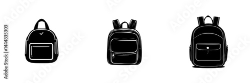 Silhouette pictogram icons of different backpack designs for versatile uses in graphic and web design projects