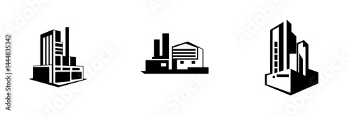 Industrial silhouette pictogram vector icons set featuring buildings and manufacturing structures