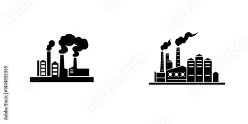 Industrial silhouette pictograms showing factory buildings and smoke stacks representing manufacturing and production activities