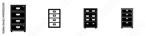 Silhouette pictogram of various file cabinets in black vector format suitable for organizational designs and professional uses