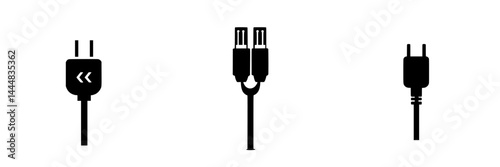 Silhouette pictogram set featuring various types of electrical plugs and connectors in a minimalist design