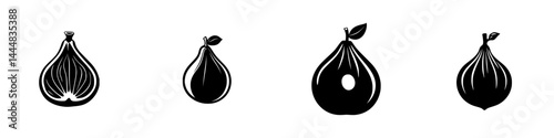 Variety of isolated silhouette pictograms depicting fig fruit in different styles and orientations