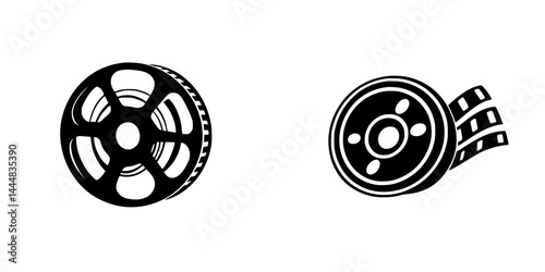 Silhouette pictogram icons of steering wheel and film reel showcasing motion and creativity in design