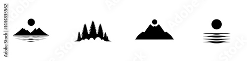 Silhouette pictogram set featuring landscapes with mountains, trees, and the sun in various arrangements