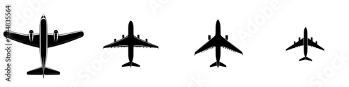Silhouette pictogram of various airplane designs for aviation and travel purposes in an isolated vector format