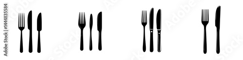Set of silhouette pictograms indicating various arrangements of cutlery for dining purposes