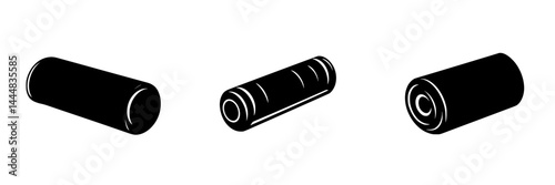 Silhouette pictograms of three diverse roll shapes representing various objects in a minimalist design style