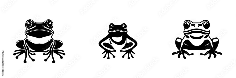 Obraz premium Collection of silhouetted frog pictograms demonstrating various frog poses in black and white on a clean background