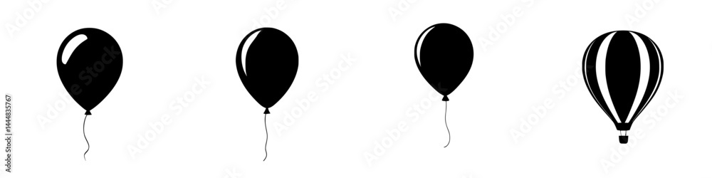 Naklejka premium Silhouette pictogram set featuring balloons and hot air balloon designs used for festive decorations and event planning
