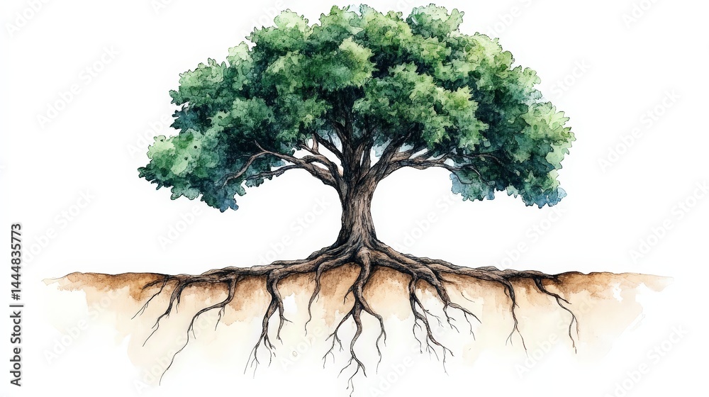 Symbolic Watercolor Tree with Visible Roots Representing Nature's Connection