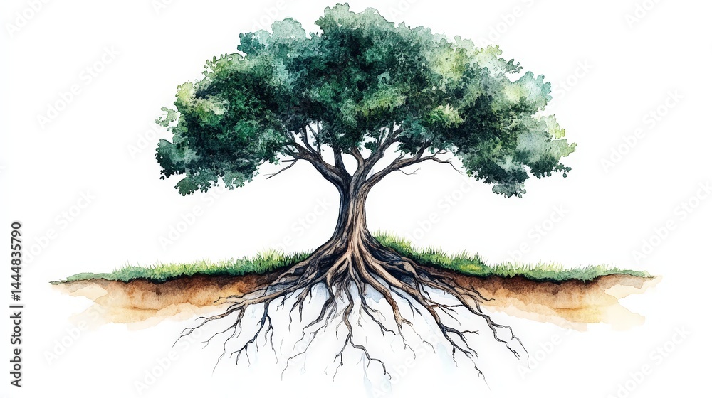 Symbolic Watercolor Tree with Visible Roots Representing Nature's Connection
