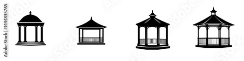 Collection of silhouette pictograms featuring various gazebo designs in an isolated vector format suitable for diverse applications
