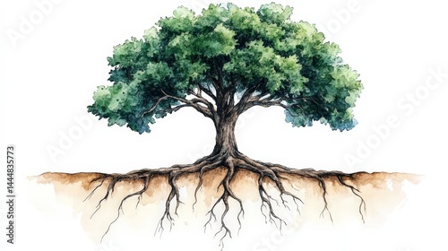 Obraz na płótnie Symbolic Watercolor Tree with Visible Roots Representing Nature's Connection w salonie