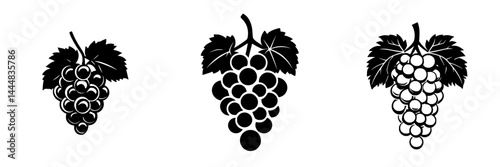 Silhouette pictograms of grape clusters and leaves highlighting natural elements in black and white design
