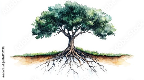 Obraz na płótnie Symbolic Watercolor Tree with Visible Roots Representing Nature's Connection w salonie
