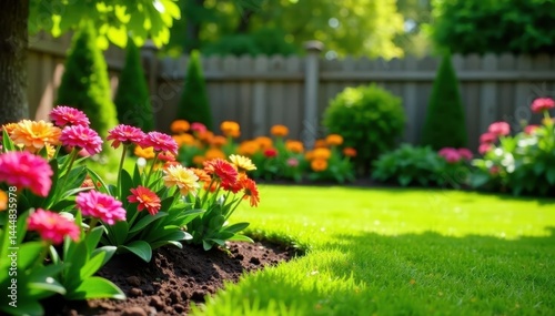 Wallpaper Mural Newly planted flowerbeds in a charming, fenced yard, green, yard Torontodigital.ca