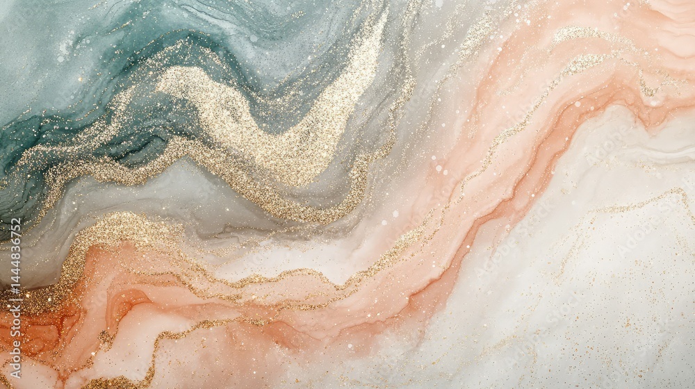 Fototapeta premium Abstract Fluid Art with Mint Green, Coral, and Gold Sparkles on Soft Background for Elegant Design and Creative Projects