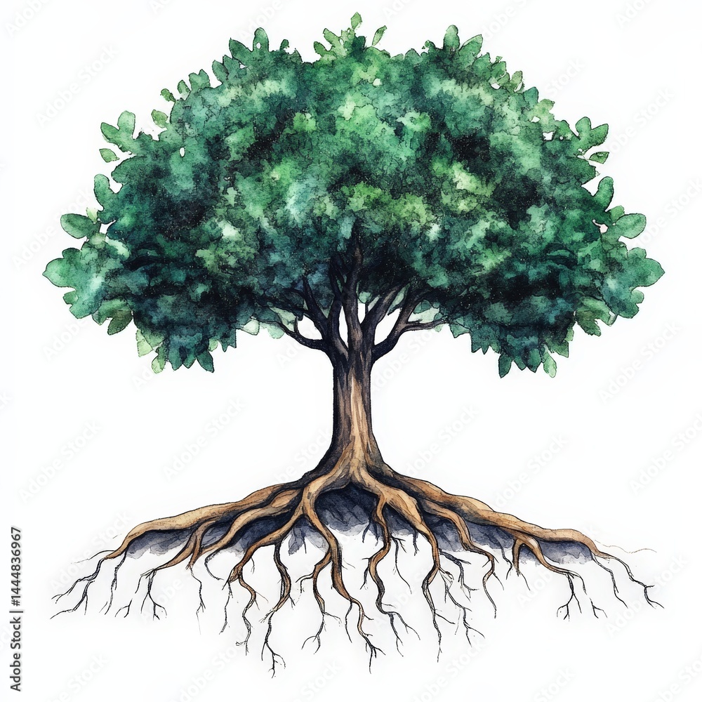 Symbolic Watercolor Tree with Visible Roots Representing Nature's Connection