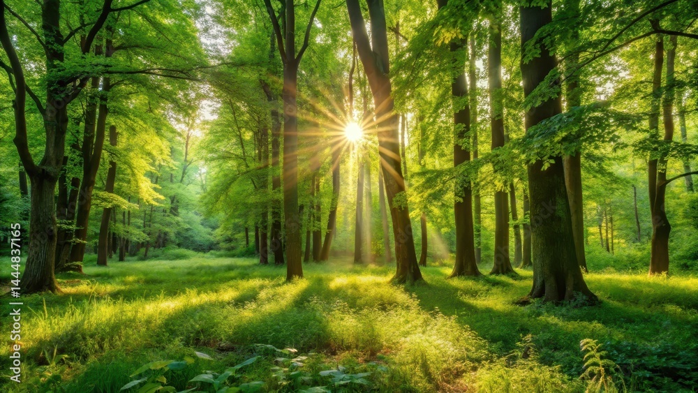 Fototapeta premium Dense foliage sways gently under the warm sunlight filtering through the leaves of a lush green forest, with dappled shadows cast on the forest floor, green forest grass under sun's rays, serene