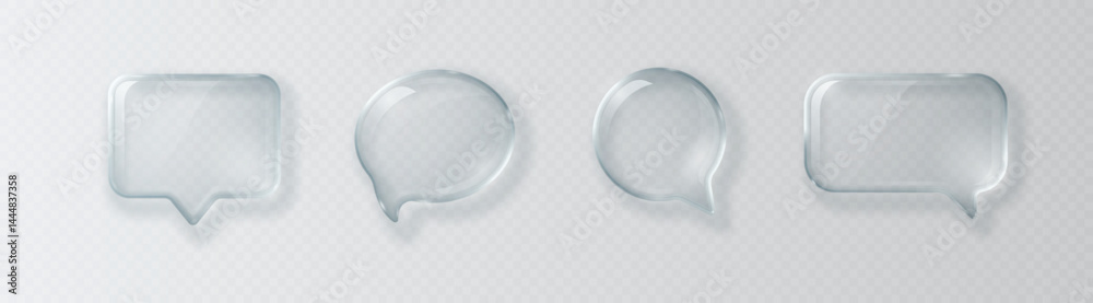 Collection of glass transparent glossy 3D speech bubble icons isolated on light background. Vector illustration.