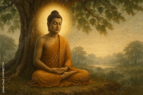 Enlightened Buddha sitting cross legged under Bodhi tree, radiating peaceful aura, meditating with serene expression amid lush natural backdrop