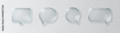 Collection of glass transparent glossy 3D speech bubble icons isolated on light background. Vector illustration.