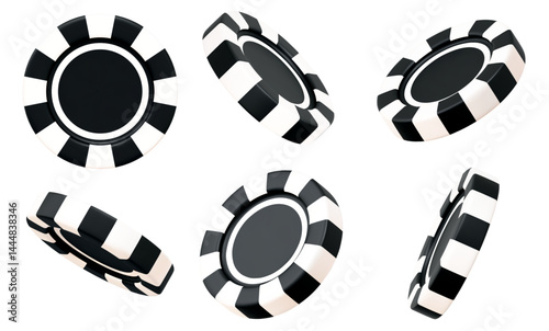 3d black casino poker chips. Black and white chips for betting and gambling games. Stock vector illustration on isolated background.	
