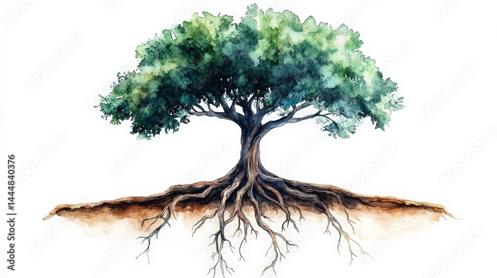 Symbolic Watercolor Tree with Visible Roots Representing Nature's Connection