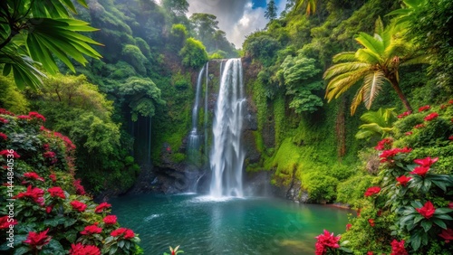 Lush green foliage and vibrant flowers surround the base of Tarzan Falls as it plunges downwards, creating a breathtaking sight in this tropical paradise, scenery, guam