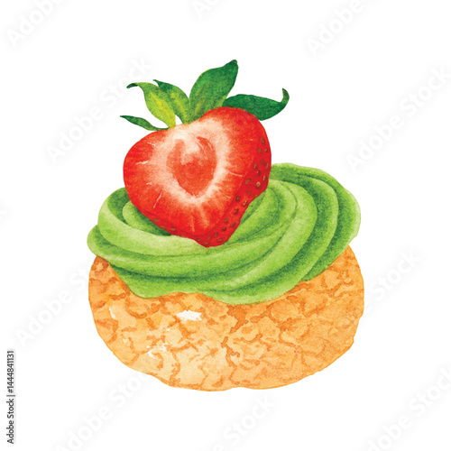 Watercolor illustration of a choux pastry (cream puff) topped with green cream (matcha) and a strawberry. Ideal for bakery-themed designs, packaging, label, banner, or menu illustrations.