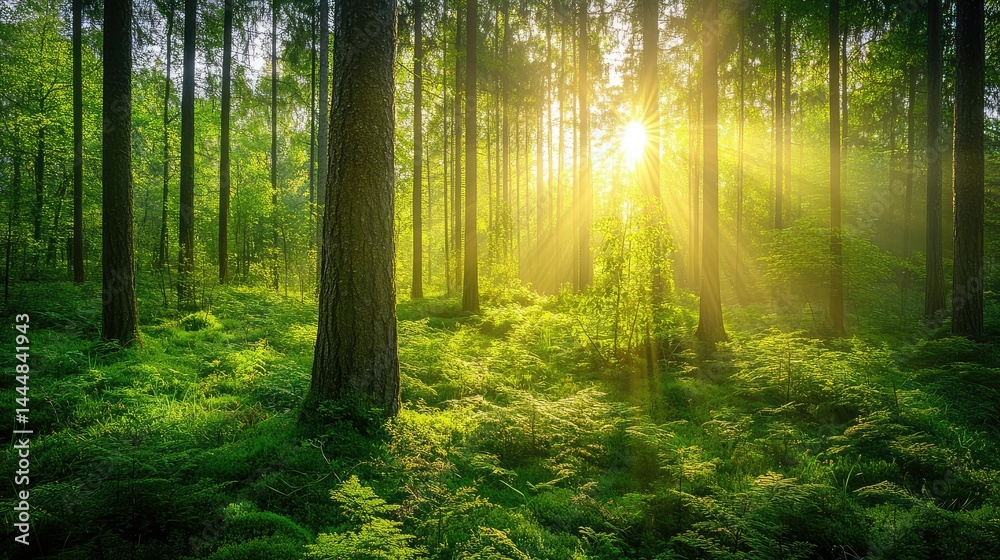 Fototapeta premium Serene Forest Landscape with Sunlight Streaming Through Trees, Illuminating Lush Green Foliage and Creating a Peaceful Atmosphere in Nature