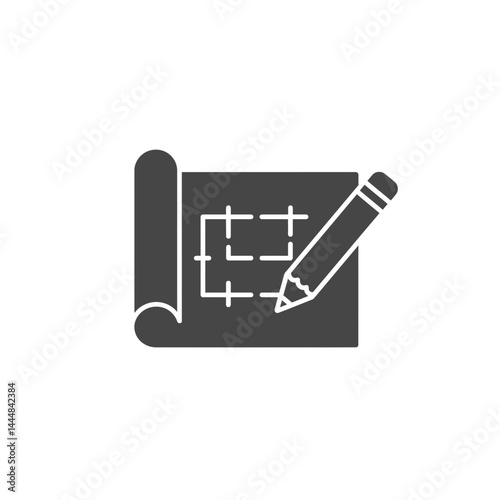 Blueprint Sketch: A monochrome illustration showcases a rolled-up blueprint with a detailed architectural plan and a pencil, representing the early stages of building design and development.