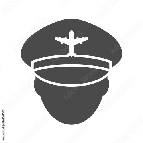 Pilot Icon: A flat gray and white vector illustration of a pilot's cap with a airplane icon on top. The pilot's face is gray with a white outline.