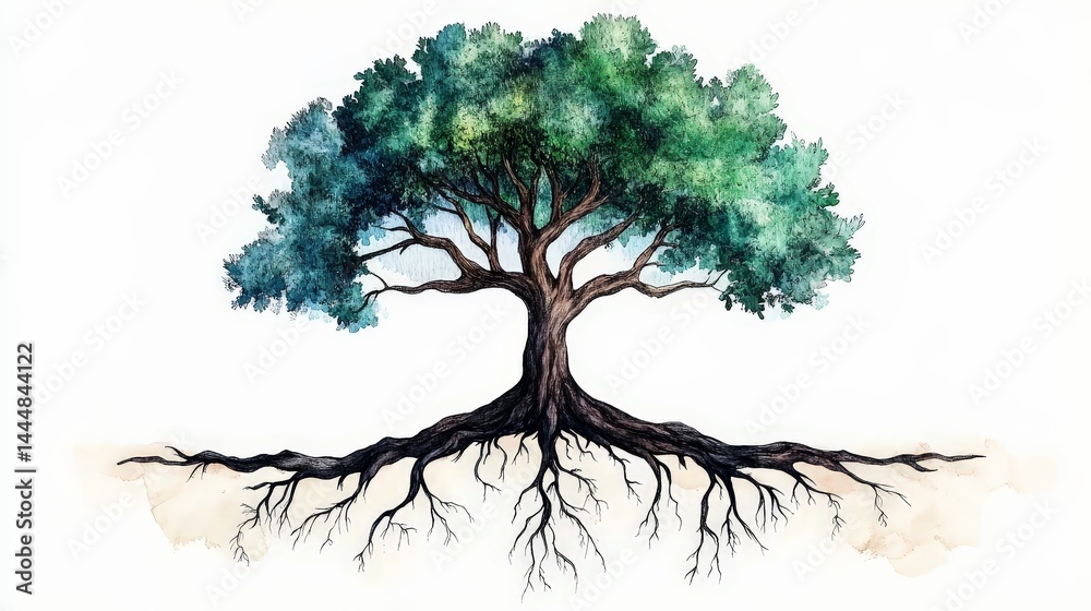 Symbolic Watercolor Tree with Visible Roots Representing Nature's Connection