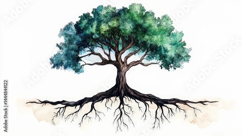 Obraz na płótnie Symbolic Watercolor Tree with Visible Roots Representing Nature's Connection w salonie