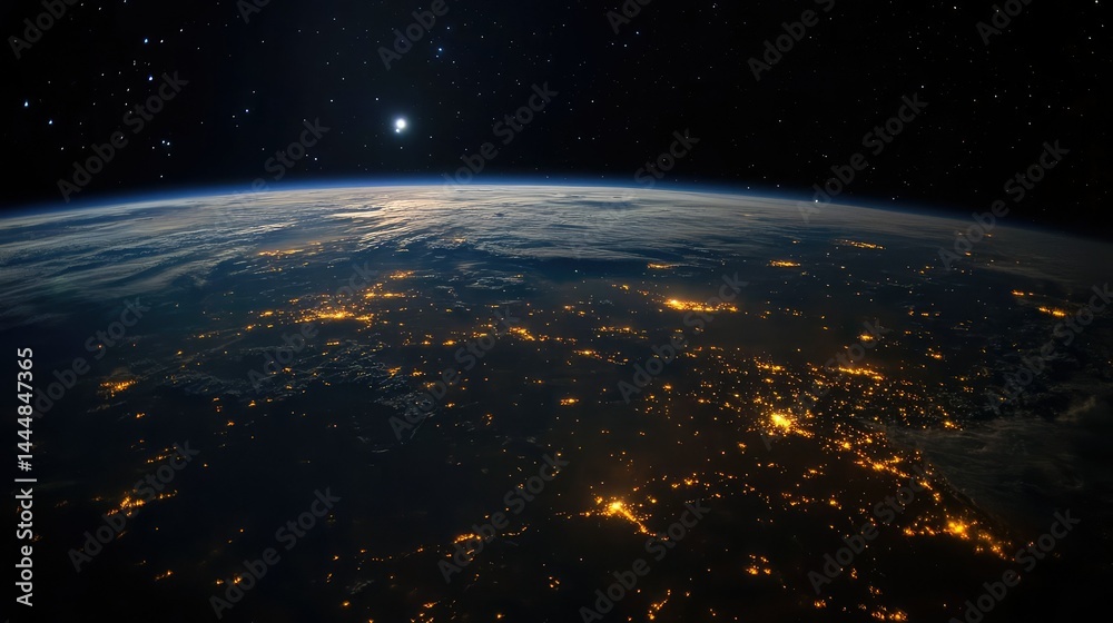 Obraz premium Stunning View of Earth from Space Showcasing Vibrant City Lights, Natural Landscapes, and the Serenity of the Infinite Universe Above at Nighttime