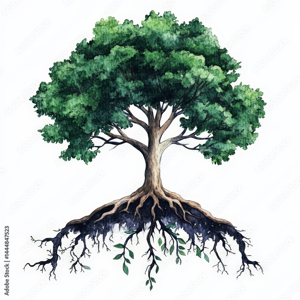 Symbolic Watercolor Tree with Visible Roots Representing Nature's Connection