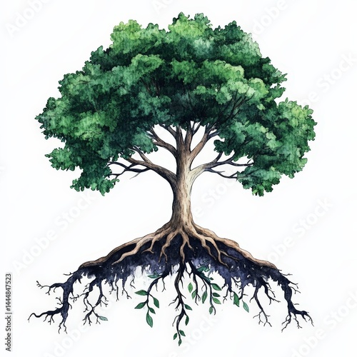 Obraz na płótnie Symbolic Watercolor Tree with Visible Roots Representing Nature's Connection w salonie