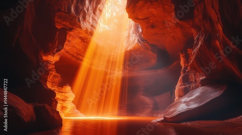 Mystical Cavern with Sunlight Streaming Through Orange Rocks, Casting Warm Reflections on Serene Waters Below and Creating a Magical Atmosphere in an Ancient Gorge