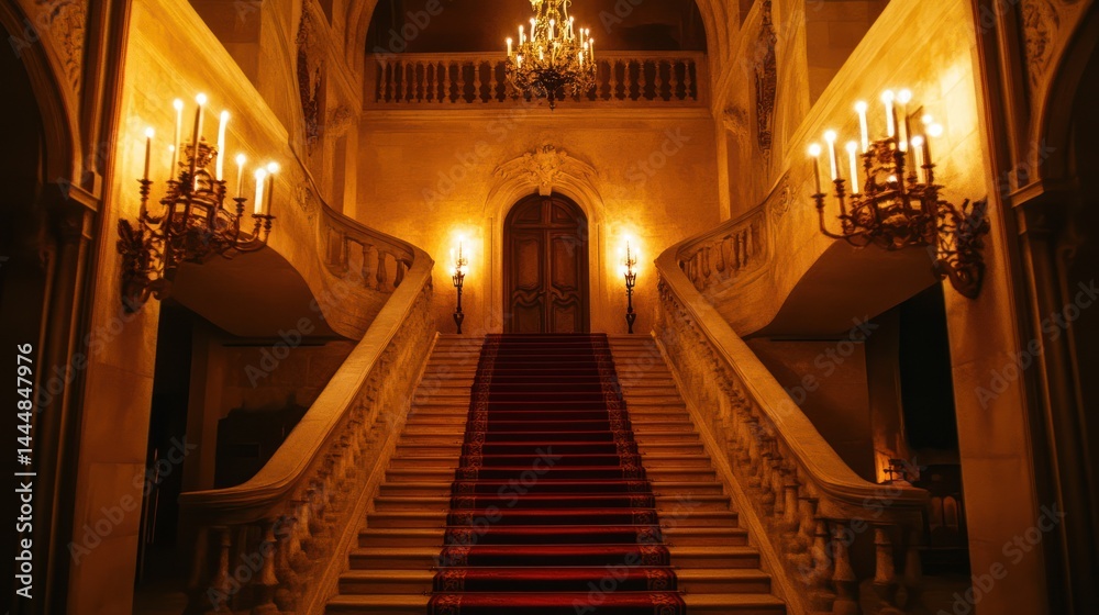 Grand staircase with candelabras and red carpet in a vintage building Grand staircase with candelabras and red carpet in a vintage building