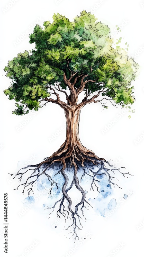 Symbolic Watercolor Tree with Visible Roots Representing Nature's Connection