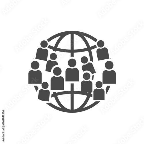 Global Connection Icon: A sophisticated black and gray illustration that symbolizes interconnectedness and inclusivity, featuring stylized human figures encircling a globe.
