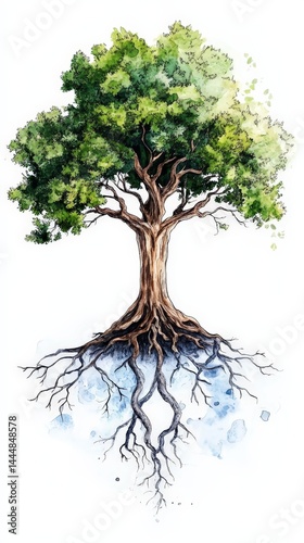 Obraz na płótnie Symbolic Watercolor Tree with Visible Roots Representing Nature's Connection w salonie