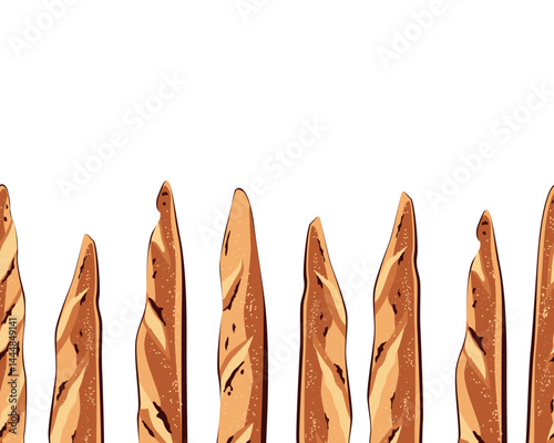 Long crusty, and craft baguette seamless border. Tasty bread decoration element for bakery or grocery shop. Isolated vector illustration.