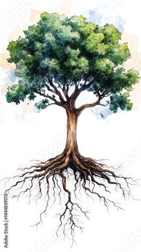 Obraz na płótnie Symbolic Watercolor Tree with Visible Roots Representing Nature's Connection w salonie