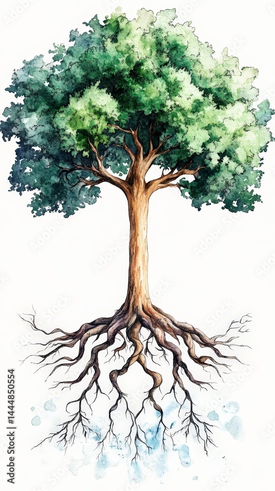 Symbolic Watercolor Tree with Visible Roots Representing Nature's Connection