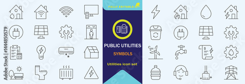 Public utilities web icons line set. Public Utilities Water, Fuel, Electricity, gas, garage, Solar House, Rent receipt, Maintainence, and More vector illustration